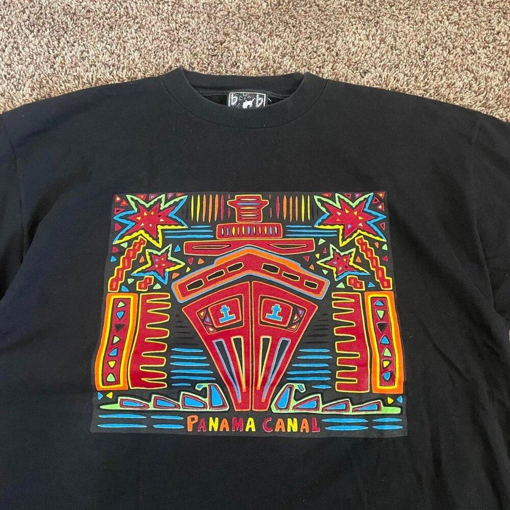 Panama Canal Abstract Art T-Shirt Black XXL Vintage Colorful Nature Tee